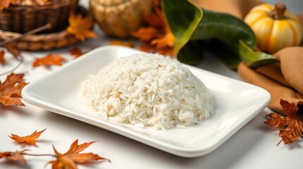 Fototapeta premium Autumn-Themed White Rice Plated on Leaf with Seasonal Decor Accents