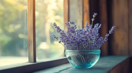 Fresh Lavender Blooms in a Glass Bowl Near Window with Soft Natural Light and Wood Background Evoking Calmness and Serenity in a Cozy Indoor Space