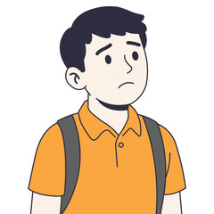 Cartoon-style illustration of a somber Asian preteen boy in an orange polo and backpack, gazing upward. Minimalist design, clean lines, white background, expressing quiet contemplation or sadness.