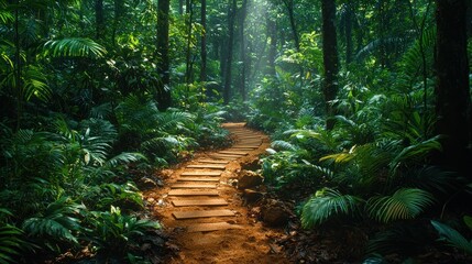 Fototapeta premium Serene Jungle Path: A Tranquil Escape into Lush Green Foliage