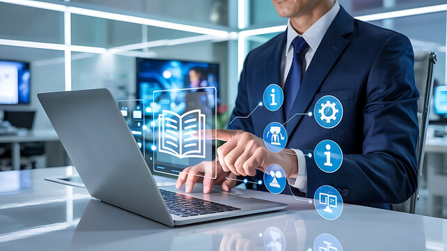 User manual guide,Businessman using laptop with user guide icon for business service