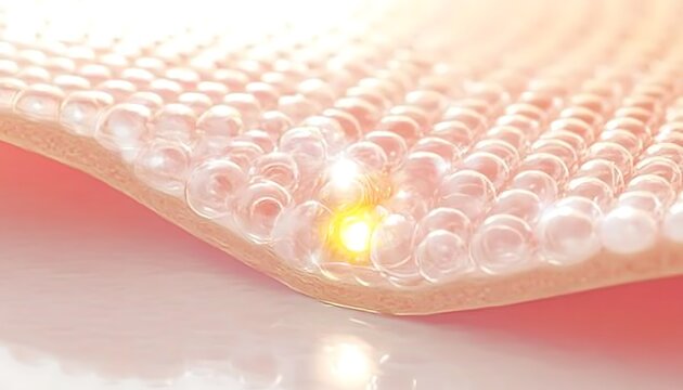 Closeup of Collagen of Skin - Molecules and Bubbles representing Cells and Vitamin Application - Skin Care Cosmetic 3D Render. ,
