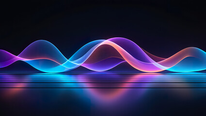 Vibrant neon waves reflecting on dark surface in digital night environment