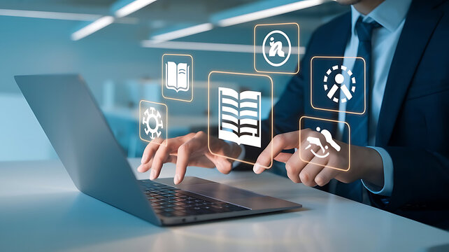 User manual guide,Businessman using laptop with user guide icon for business service