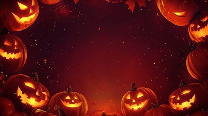 Halloween pumpkins jack o lantern frame on dark red background with spider web and leaves for your halloween greeting card design