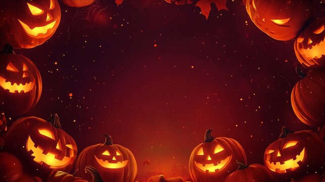 Halloween pumpkins jack o lantern frame on dark red background with spider web and leaves for your halloween greeting card design