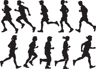 Diverse runners in various running poses, perfect for fitness motivation.