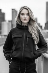 Obraz premium Fashion model in black and white urban landscape lifestyle photography modern city environment street view