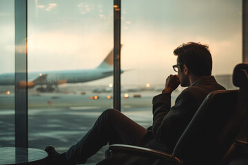 Businessman Drinking Coffee Watching Rainy Airport Scene