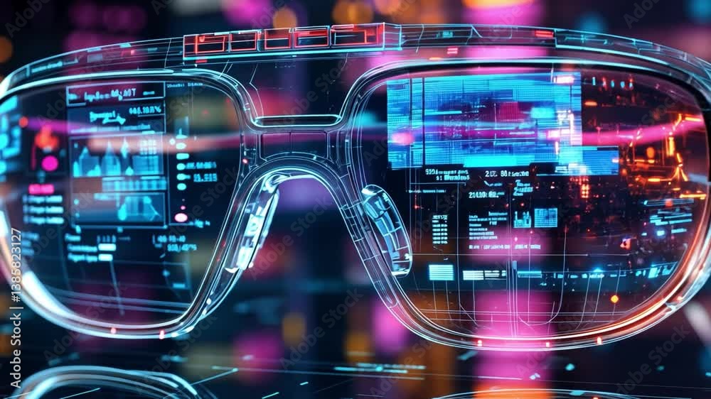 Poster futuristic augmented reality glasses displaying technology interface in a digital environment with c