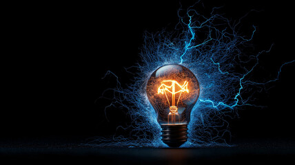 light bulb with electric sparks and energy concept, symbolizing innovation and creativity. glowing filament and blue lightning create striking visual impact