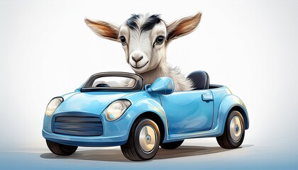 Niedliche kleine Ziege in einem blauen Auto