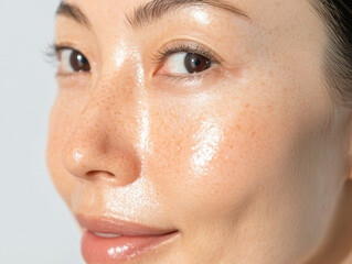 Asian woman face with glowing skin, freckles, and serene expression, highlighting natural beauty and skincare