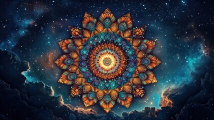 An intricate mandala design bursting with radiant colors and intricate patterns, set against a starry night sky backdrop, ethereal and mesmerizing