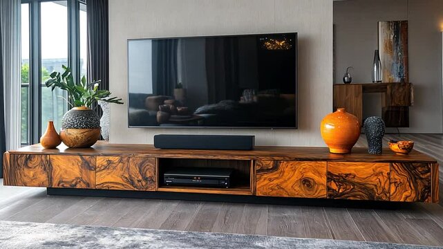Modern living room entertainment center with TV,  wooden console, and decor.  Possible use Interior design, home decor