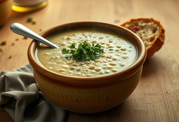 Warm, inviting, rustic, earthy, creamy, steaming hot, golden brown, crusty bread, parsley, wooden table, beige, golden glow, cozy, inviting