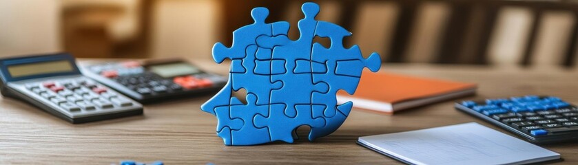 Obraz premium Detailed image of a blue puzzle head, a mathematical piece included, desk with calculators and notebooks, professional stock photo