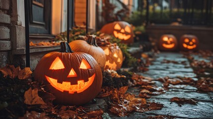 Glowing halloween pumpkins on the steps of a spookily decorated house
