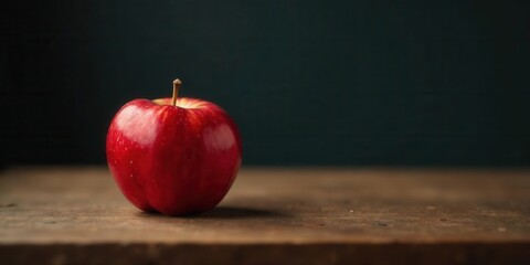 A Single Red Apple Rests on a Rustic Wooden Surface Against a Dark Background