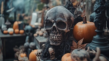 Spooky halloween porch decor with a frightening skull, pumpkins, and eerie lighting