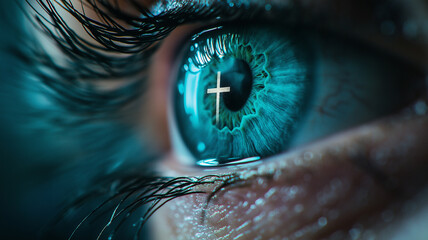 Close up of blue eye with cross symbol reflecting in iris, showcasing intricate details and vibrant colors. image evokes sense of spirituality and depth