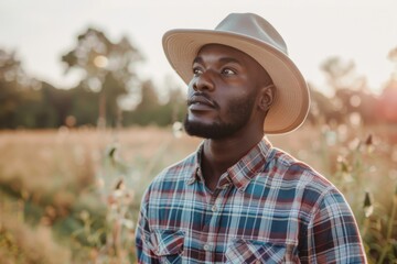 Obraz premium Portrait of a young African American male farmer in the field