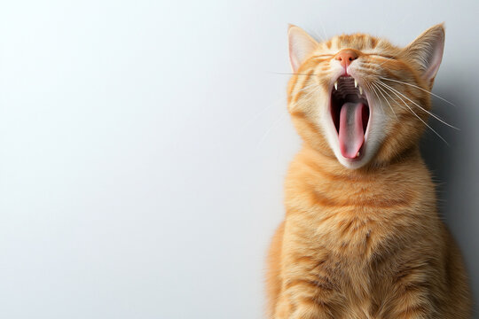 Cute ginger cat yawning with mouth open, isolated on light background, showcasing its playful and relaxed demeanor