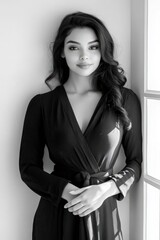 Fashion model portrait in black and white indoor studio elegant pose soft natural light