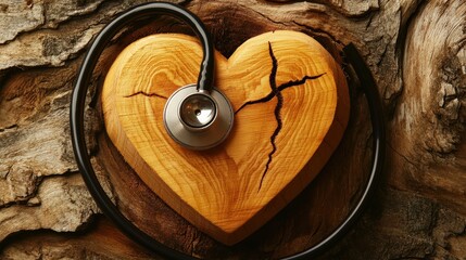 Wooden heart with a stethoscope placed on a rustic wooden background symbolizing health, love, and care with a focus on wellness and compassion in medicine