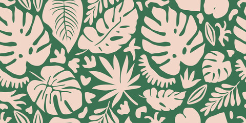 Hand drawn tropical background. Tropic leaves seamless pattern, foliage summer element, green style, natural print for textile, fabric, wallpaper, wall art, backdrop. Vector illustrations.