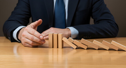 Domino Effect Prevention with Businessman Hand Stopping Falling Blocks on Wooden Table Surface