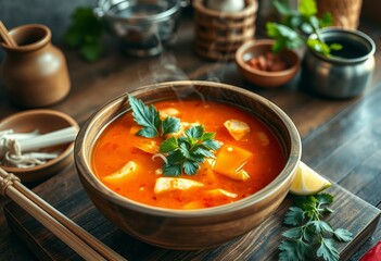 Rustic wooden bowl, steaming hot Tom Yum soup, fresh lemongrass, lime wedges, traditional Thai kitchen setting, warm and cozy lighting