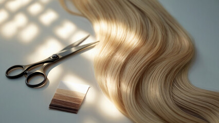 Fototapeta premium Scissors and hair strands ready for styling at a salon during afternoon sunlight