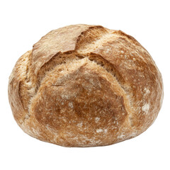 A freshly baked loaf of bread with a crisp golden crust and soft interior placed on a wooden cutting board isolated on transparent background..