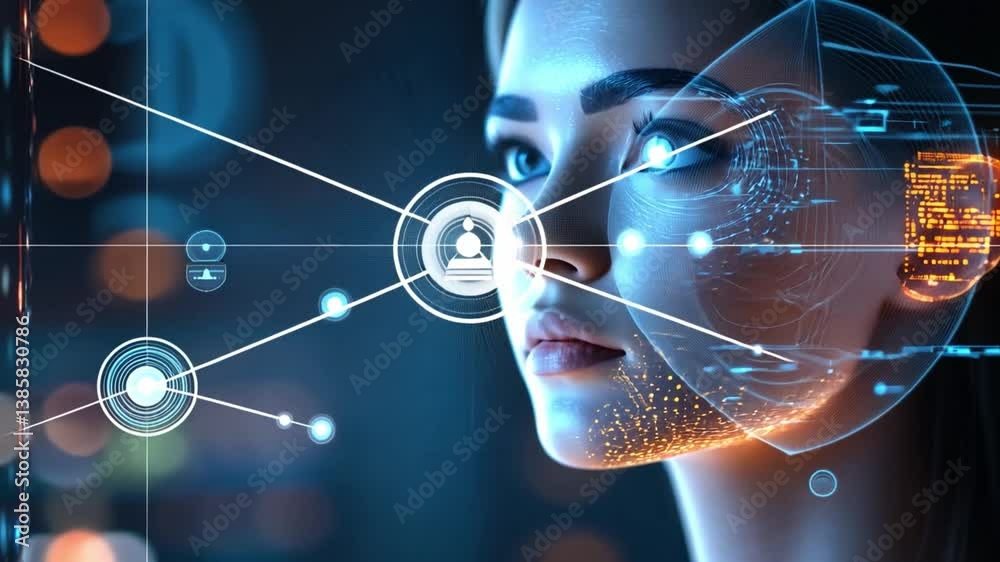 Poster futuristic concept of ai technology integration with human features and user interface elements disp