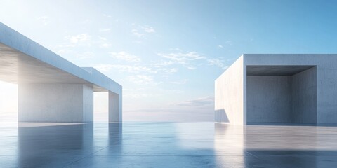Modern Concrete Architecture Over Water, Empty Space
