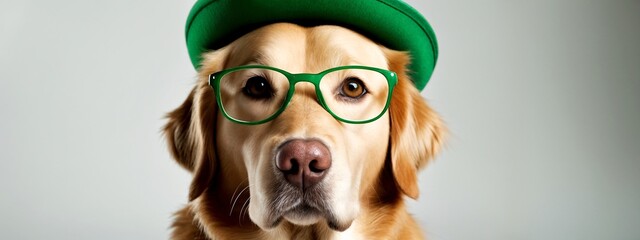 Naklejka premium A golden retriever wearing a green hat and glasses.