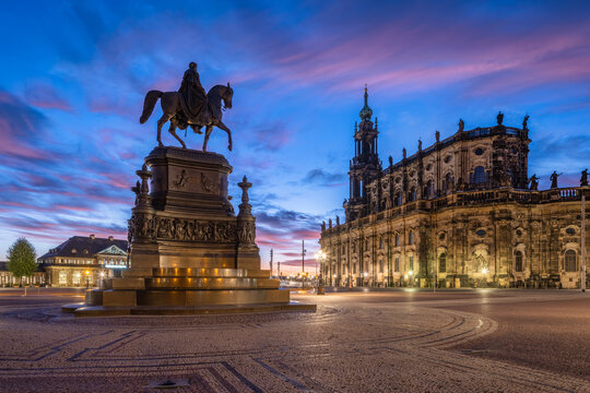 Dresdner Hofkirche (Dresden Cathedral) and K&ouml;nig-Johann-Denkmal (King Johann monument) at dawn, Dresden, Saxony, Germany