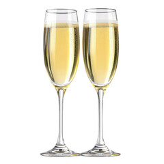 Two elegant glasses of champagne toasting together with bubbles rising and soft lighting creating a festive atmosphere isolated on transparent background..