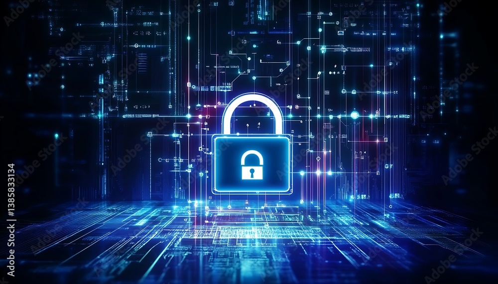 Poster internet and data security, cybersecurity and privacy concepts to protect data. lock icon and intern