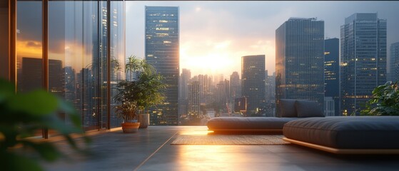 Serene city view from a modern apartment with warm sunset light reflecting on glass windows and plants in a stylish interior design
