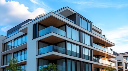 Obraz premium Sleek Architectural Marvel – A Contemporary Glass Building with Spacious Balconies