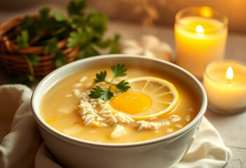 Cozy bowl of Avgolemono Soup with soft light and warm colors