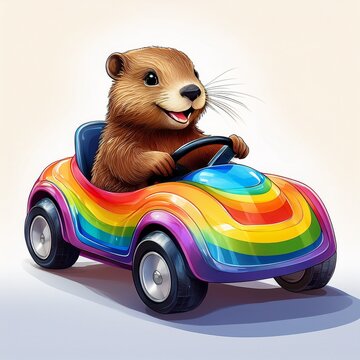 Niedlicher kleiner Biber in einem regenbogen Auto