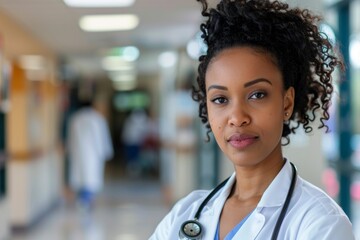 Fototapeta premium Portrait of a young African American female doctor in hospital