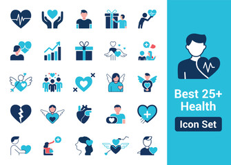Fototapeta premium 25+ Health, Wellness, Love, and Relationship Icons Featuring Hearts, Hands, Wings, and Crosses in Blue, White, and Pink Colors for Digital Designs and Creative Projects