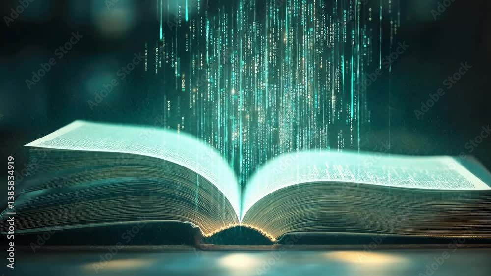 Poster open book with glowing pages and digital binary data streaming, representing knowledge, innovation, 