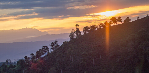 sunset in the Andes mountains, Manizales, Colombia.
