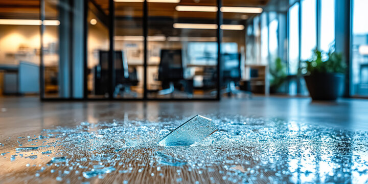Broken glass on the floor of a room with a potted plant in the background. Scene is somewhat somber and reflective, as the broken glass suggests a moment of carelessness or accident