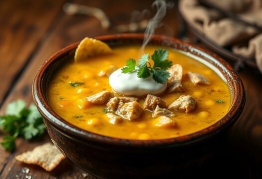 A steaming hot Posole Soup served in a rustic clay bowl